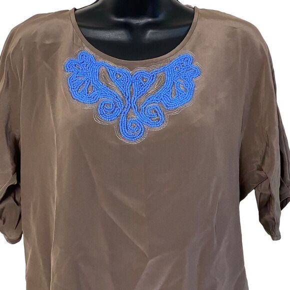 Tibi Taupe Periwinkle Blue Silk Beaded 3/4 Sleeve Blouse Top Sz 2 - Picture 4 of 15